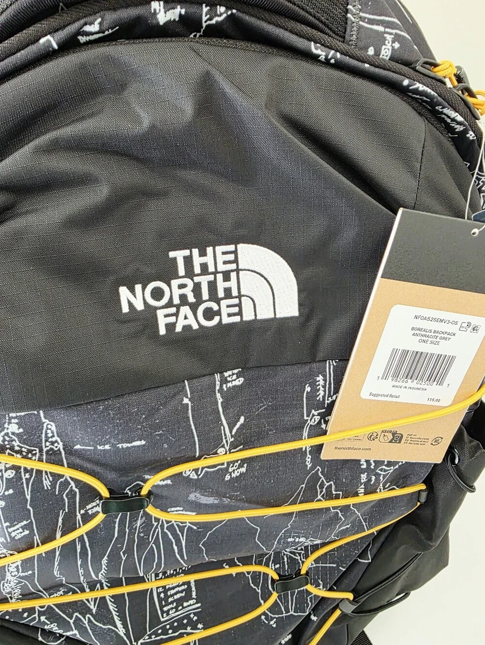 The North Face Borealis Anthracite Grey Backpack with Yellow Bungee Accents